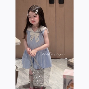 Spring韩国童装2026夏季新款宝宝清新海军领格子花苞裙女童连衣裙