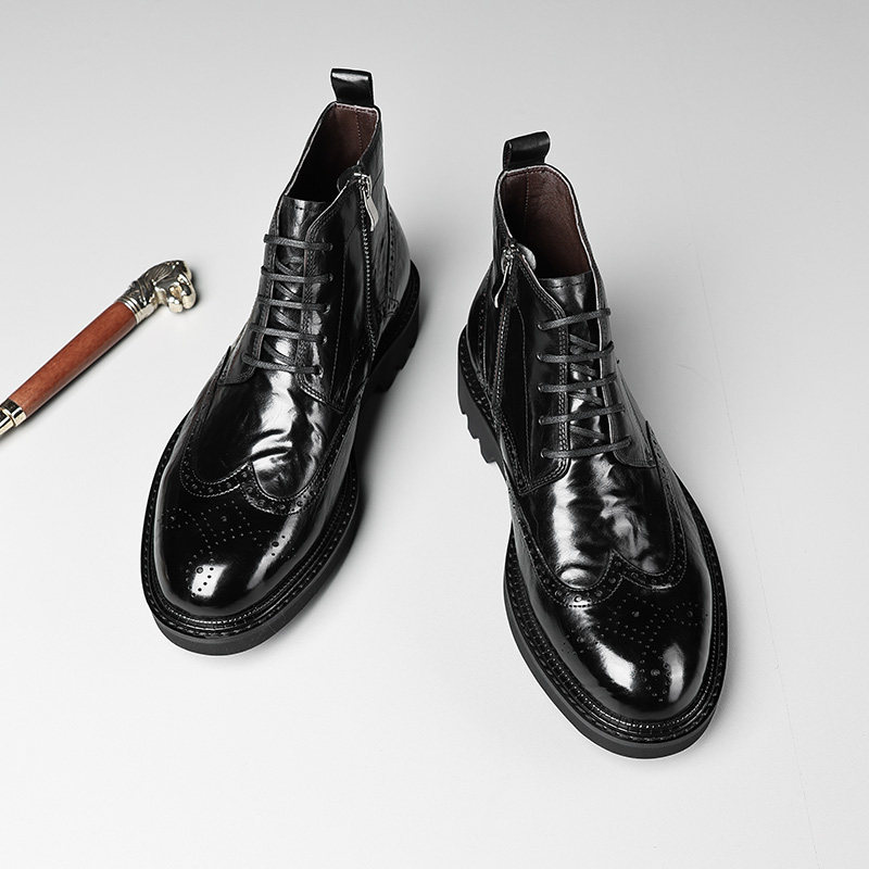 秋冬款男士马丁靴头层牛皮加绒男短靴厚底增高牛仔户外牛仔靴保暖