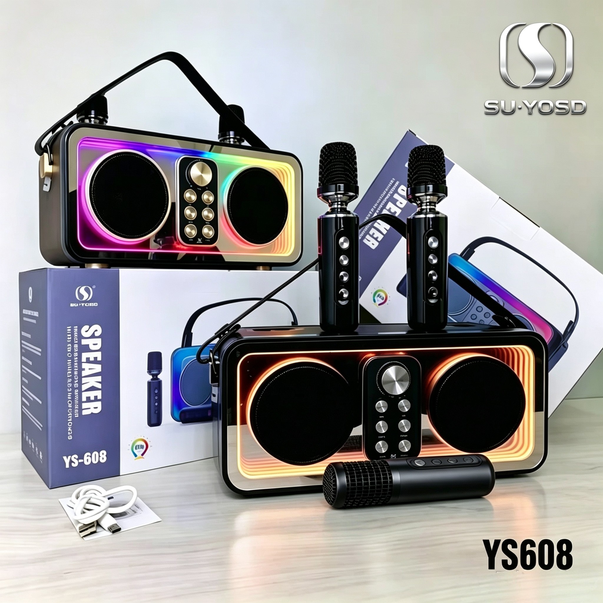 跨境款SU&middot;YOSD优仕达YS609双无线麦克风炫彩手提音箱户外家用K歌