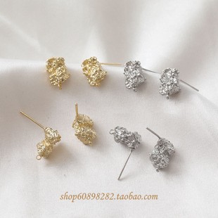 14K包金 不规则异形熔岩银针耳钉diy耳饰材料配件 铜镀真金