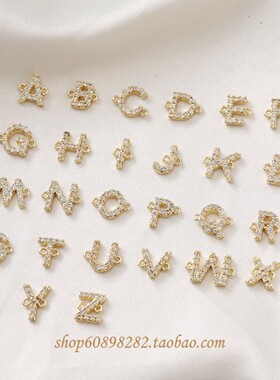 14K包金双吊字母铜镶锆石水晶diy手链项链手作材料配件