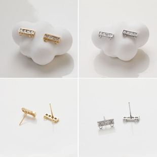 14K电镀真金保色横杠铜镶锆石双孔耳钉耳饰diy手作耳饰材料配件
