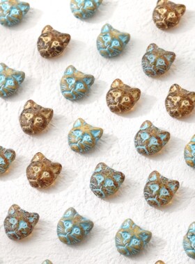 进口捷克珠复古琥珀色系双面猫猫头琉璃diy串珠耳饰手链材料配件