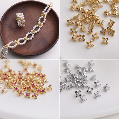 铜镀14K包金镶锆石小桂花隔珠小花吊坠手工diy水晶串珍珠饰品配件