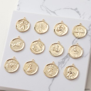 14K包金12星座银币圆形吊坠浮雕diy铜镀真金手作材料项链耳饰手链