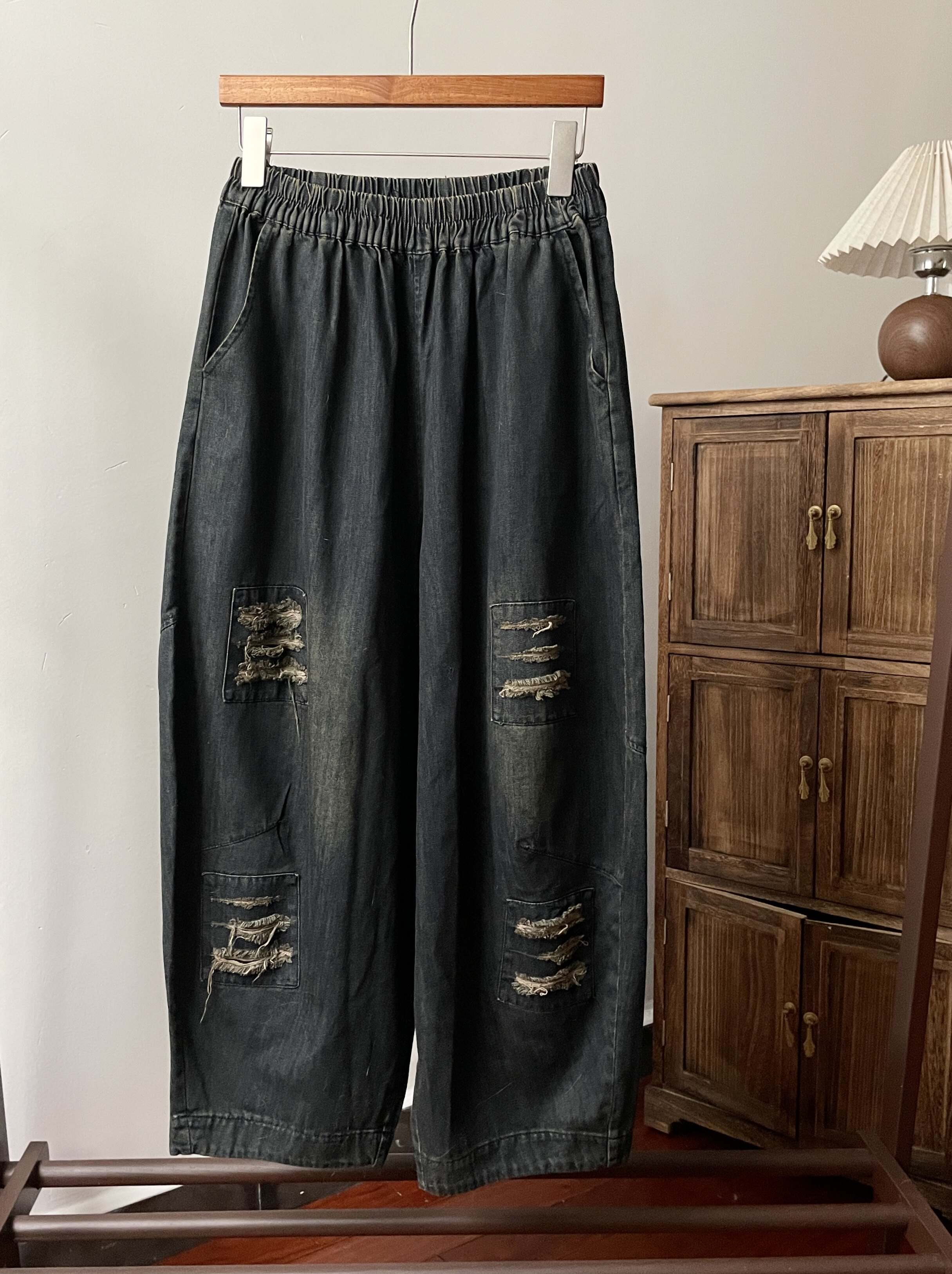 夏季薄款炒色做旧破洞牛仔裤萝卜裤宽松休闲九分裤裤长93腰围64