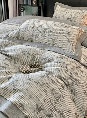 高级感全棉纯棉三层纱四件套简约灰色中性风被套亲肤1.8m床上用品