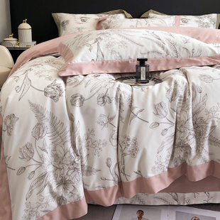 浪漫纯棉磨毛四件套全棉复古粉色花卉被套1.8m床上用品 秋冬法式