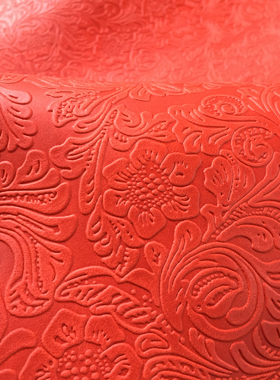 TH021红色唐草花纹头层牛皮真皮手工DIY皮料2mm偏挺