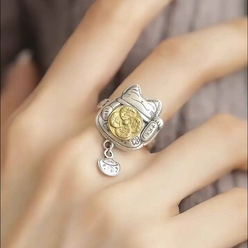 新品新款国风复古转运招财猫戒指
