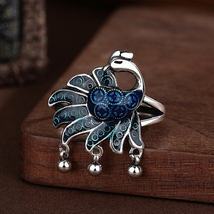 新品景泰蓝珐琅流苏凤凰戒指复古国潮民族风百搭个性指环