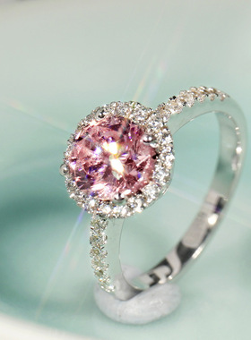 新品彩色锆石粉钻戒指莫桑圆形微