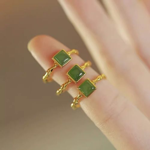 新品新中式落青竹绿色石头戒指女