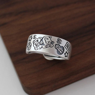 新品开运招财猫戒指复古小众吉言钱币指环中国风