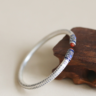心经手镯s925银女哑光空心开口古风滴胶仿玛瑙手环内侧刻经文