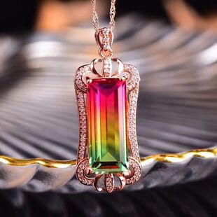 新款彩虹西瓜碧玺吊坠项链原矿女款闺蜜礼物高档气质