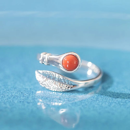 新品树叶戒指镶嵌南红玛瑙女式叶