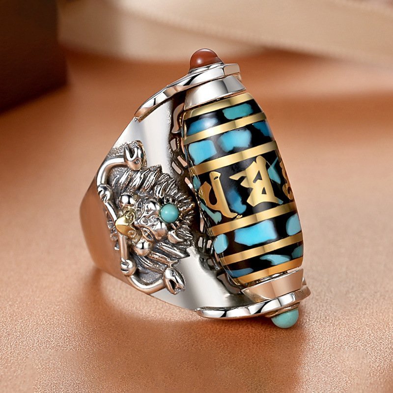 纯银六字真言天珠转动戒指男士国