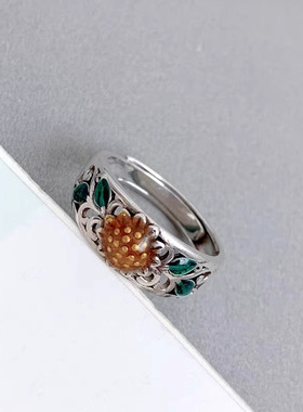 新品向日葵花朵珐琅戒指女生民族