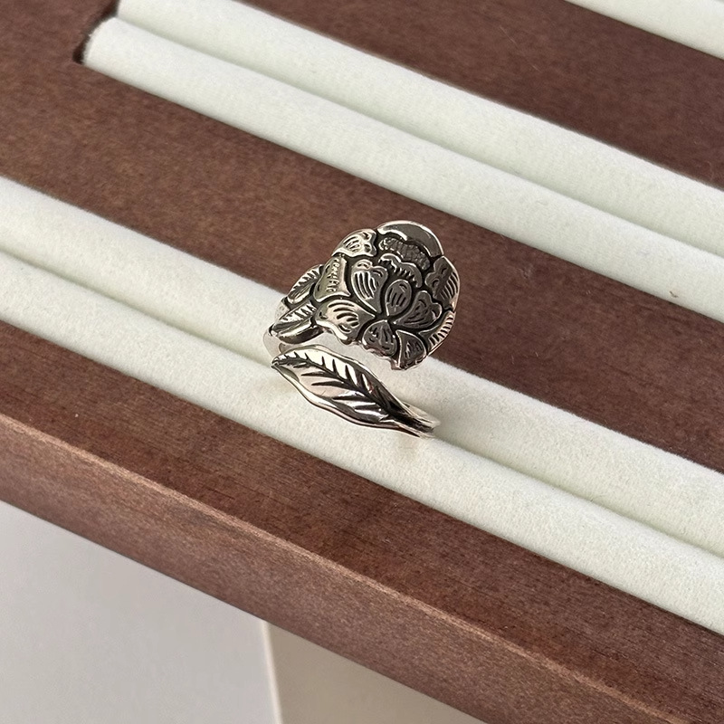 新品复古做旧莲花宽面戒指女个性