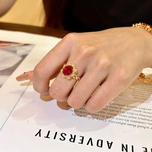 璀璨花型鸽血红宝戒指女中古轻奢宫廷风气质指环