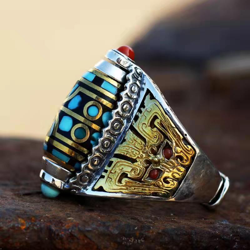 新品九眼天珠戒指藏式男女款夔牛大鹏饕餮纹六字真言复古食指戒指