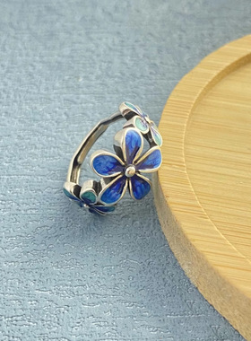镀S925银景泰蓝珐琅花朵戒指清新