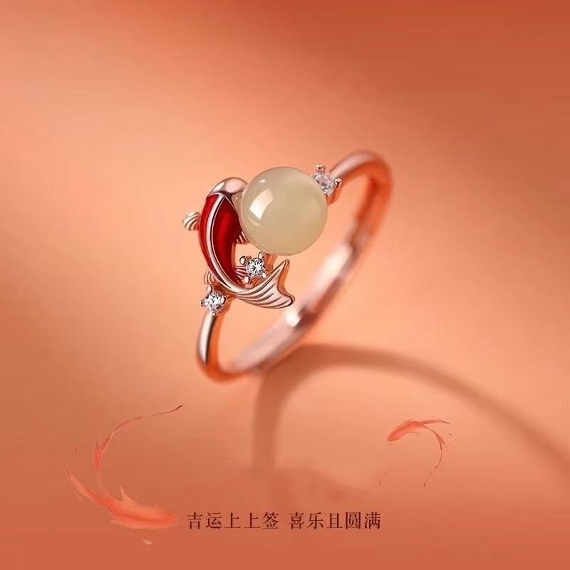 镀S925银年新款新中式玉见锦鲤戒