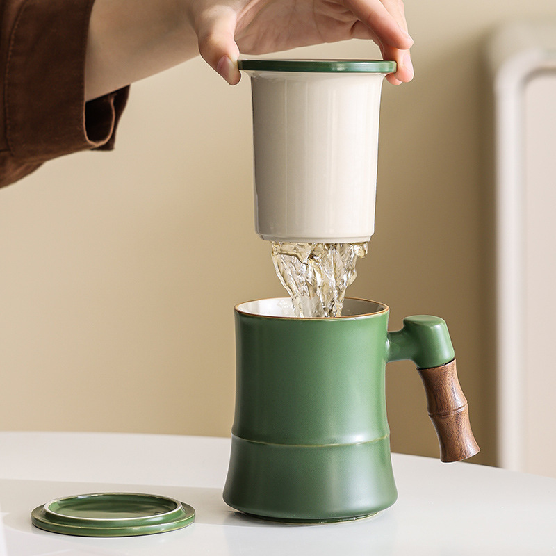 新品竹节办公室泡茶杯子陶瓷茶水分离杯马克杯喝茶水杯礼品伴手礼