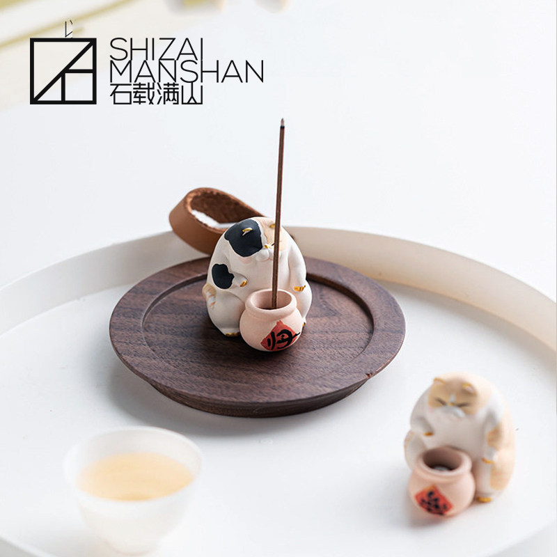 招财猫香插摆件家用室内手绘香薰炉香插香座香器胡桃木垫座薰香炉,餐饮具,茶道/香炉,淘宝优惠券,粉丝福利购,淘宝优惠卷