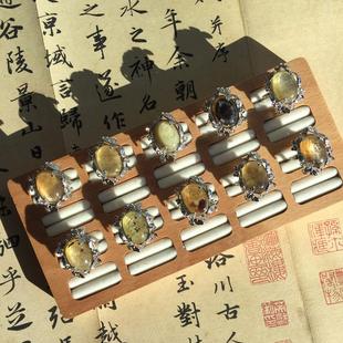 天然黄金锂云母戒指 戒圈可调节 Sweet裸石 铜托镶嵌 超大个性 款