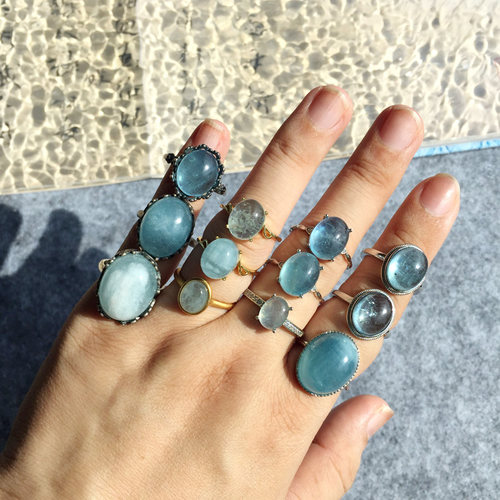 S925银托镶嵌天然海蓝宝戒指包邮