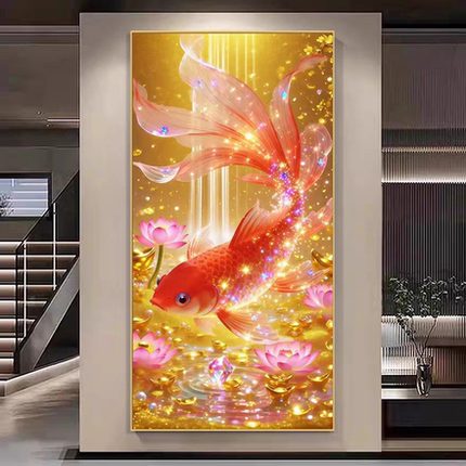 招财聚福锦鲤带框钻石画手工DIY点钻十字绣客厅玄关轻奢挂画装饰