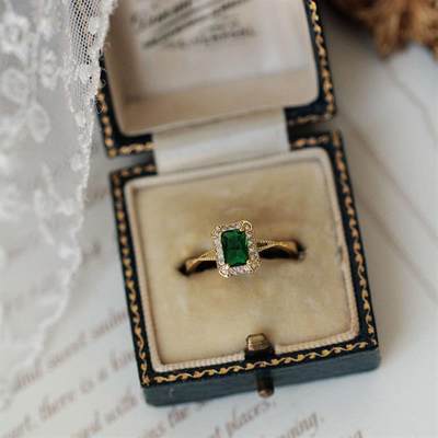 925 Sterling Silver Plated 14K Gold Inlaid Green Zircon Retr