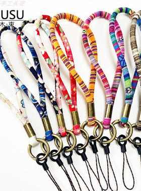 民族风圆条短款复古防丢手机挂绳怀旧结实款古铜环手腕绳钥匙挂带
