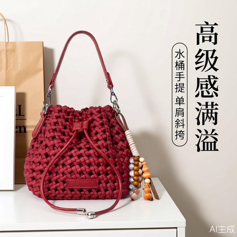 2026新年福袋包包女镂空编织包手提水桶包高级感单肩斜挎包红色