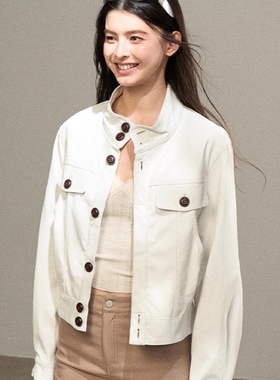 设计感撞色单排扣白色立领工装外套女早秋季韩版休闲百搭夹克上衣