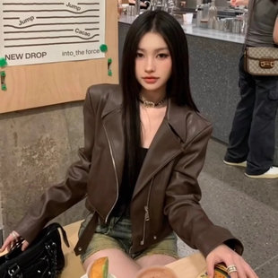 2025秋季 机车服夹克上衣 港风pu皮衣咖色外套女短新款 复古宽松长袖