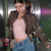 夹克外套百搭立领PU皮衣 复古做旧咖啡色短款 2025秋冬新款 辣妹美式