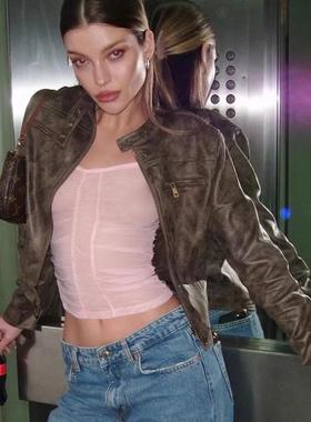 2025秋冬新款辣妹美式复古做旧咖啡色短款夹克外套百搭立领PU皮衣