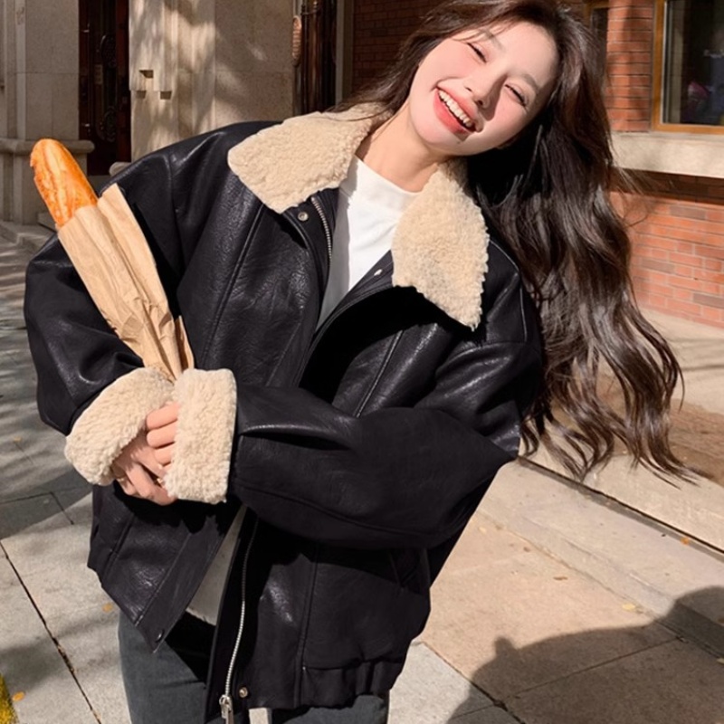 羊羔毛短款机车加厚夹克宽松外套