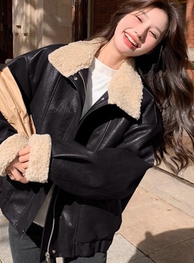 美式复古羊羔毛pu皮衣2025冬季新款拼接加厚保暖机车皮夹克外套女
