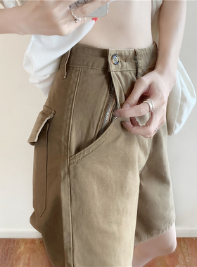 设计感拉链高腰短裤女直筒宽松阔腿休闲工装裤夏季薄款五分裤中裤