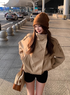 卡其色双排扣立领长袖风衣外套女秋季高级感休闲宽松气质开衫上衣