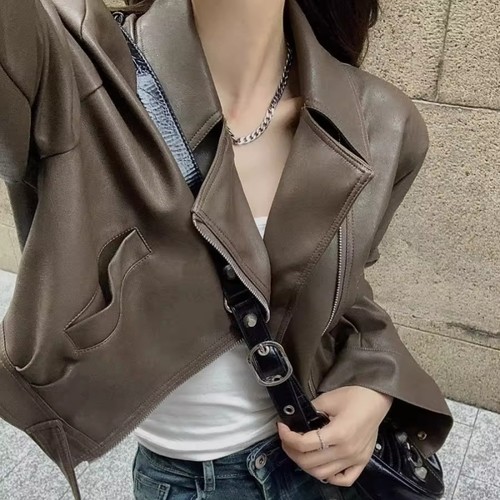 春秋小个子翻领短款炸街皮夹克