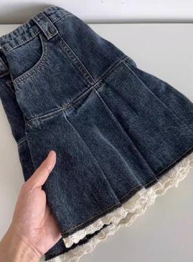 港味复古蕾丝边牛仔短裙女夏季减龄高腰裙子半身裙a字裙裤裙ins潮