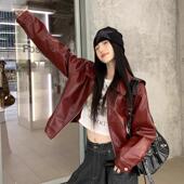美式 上衣 甜酷宽松夹克短款 复古红色翻领皮衣外套女高级感秋季 新款