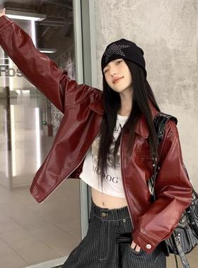 美式复古红色翻领皮衣外套女高级感秋季新款甜酷宽松夹克短款上衣