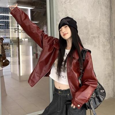 短款夹克上衣红色PU皮衣复古机车