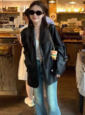 高级感炸街小个子复古西装皮衣外套2025春秋新款黑色机车皮夹克女